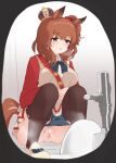  1girl animal_ears aston_machan_(umamusume) blush breasts brown_hair brown_socks censored crown hair_ornament highres horse_ears horse_girl horse_tail jasz13 large_breasts medium_hair open_mouth panties panty_pull pee peeing pussy skirt socks solo spread_legs squat_toilet squatting stained_panties tail toilet toilet_use umamusume underwear 