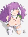  1girl bandage_over_one_eye bandaged_arm bandaged_head bandaged_leg bandages bare_shoulders black_footwear breasts chaldea_uniform closed_eyes drill_bulbul fate/extra fate/extra_ccc fate/grand_order fate_(series) giant giantess kingprotea_(fate) kneeling large_breasts long_hair moss naked_bandage purple_hair simple_background smile solo very_long_hair vore wavy_mouth white_background 