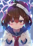  1girl absurdres anchor_symbol black_sailor_collar blush brown_eyes brown_hair closed_mouth fang hair_between_eyes hat highres ikazuchi_(kancolle) kantai_collection long_sleeves neckerchief pom_pom_(clothes) red_headwear red_neckerchief sailor_collar santa_hat school_uniform serafuku short_hair skin_fang solo taisho_(gumiyuki) upper_body 