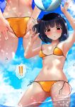  1girl adjusting_clothes adjusting_swimsuit ass ball bangs beachball bikini black_hair blush breasts highres kuro_yanagi navel open_mouth original partially_submerged red_eyes small_breasts solo standing swimsuit water wedgie yellow_bikini 