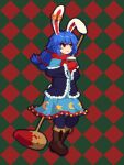  1girl :&lt; ambiguous_red_liquid animal_ears black_outline blue_dress blue_hair brown_footwear checkered_background closed_mouth crescent_print dress earclip english_commentary full_body fur_trim gloves green_background kine low_twintails mallet outline pixel_art rabbit_ears rabbit_girl red_background red_eyes red_gloves rioku seiran_(touhou) solo star_(symbol) star_print touhou twintails two-tone_background 
