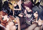  4girls ;d alcohol animal_ears apple_pie arknights black_gloves black_hair black_hairband black_leotard black_pantyhose black_skirt blonde_hair blush bottle breasts cleavage closed_mouth commentary couch croissant_(arknights) dated_commentary detached_collar downblouse ear_piercing expressionless exusiai_(arknights) fake_animal_ears fang feet_out_of_frame fingerless_gloves fishnet_pantyhose fishnets food fork gloves green_eyes hair_over_one_eye hairband halo highres holding holding_fork hood hooded_jacket jacket knee_up leotard long_hair looking_at_viewer meat medium_breasts miniskirt mouth_hold multiple_girls name_tag one_eye_closed open_mouth orange_hair pantyhose penguin_logistics_(arknights) penguin_logistics_logo piercing playboy_bunny pocky pocky_in_mouth rabbit_ears red_eyes red_hair ribbon sash short_hair short_sleeves sitting skirt smile sora_(arknights) steak strapless strapless_leotard susukawa_(susucawa) texas_(arknights) v white_jacket white_ribbon wolf_ears 