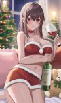  1girl alcohol bangs bare_arms bare_shoulders barefoot blurry bottle breasts brown_hair choker christmas christmas_tree cleavage closed_mouth collarbone commentary_request crop_top crossed_bangs cup curtains cushion depth_of_field drink drinking_glass fur-trimmed_shirt fur-trimmed_skirt fur_trim hatsuno_xxx highres holding holding_bottle holding_cup holding_drink indoors large_breasts long_hair looking_at_viewer miniskirt original pom_pom_(clothes) red_choker red_eyes red_skirt red_tube_top red_wine santa_costume shirt sitting skirt smile solo star_(symbol) strapless stuffed_animal stuffed_toy teddy_bear thighs tube_top window wine wine_bottle wine_glass 