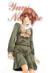  1990s_(style) 1girl absurdres ahoge bangs brown_eyes brown_hair character_name cursive feet_out_of_frame green_shirt green_skirt highres kai_tomohisa long_sleeves looking_at_viewer nanase_yuu non-web_source official_art open_mouth pleated_skirt retro_artstyle school_uniform sentimental_graffiti shirt short_hair simple_background skirt solo white_background 