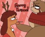  &lt;3 anthro antler_headband belly big_penis blush brown_body brown_fur cal_(zlut385) canid canine canis christmas christmas_clothing clothed clothing digital_media_(artwork) domestic_dog duo erection eye_contact fellatio fur genitals headgear headwear holidays humanoid_genitalia humanoid_penis kissing looking_at_another lyle_(zlut385) male male/male mammal merry_christmas open_mouth oral overweight overweight_male partially_clothed penile penis penis_kissing raccoon_dog red_clothing sex simple_background snowflake sweater tanuki text topwear zlut385 