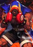  1boy abs balrog_(street_fighter) belt boxing_gloves boxing_shorts brown_eyes chain_necklace dark-skinned_male dark_skin feet_out_of_frame fighting_stance gloves hood hood_up hooded_coat hungry_clicker jewelry male_focus muscular muscular_male necklace red_gloves shorts solo street_fighter street_fighter_v 