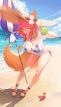  1girl absurdres animal_ears beach beach_umbrella bikini bikini_under_clothes blue_bikini blue_nails blue_sky bracelet breasts cloud crab day fate/grand_order fate_(series) flower fox_ears fox_girl fox_shadow_puppet fox_tail full_body grin hair_flower hair_ornament highres holding holding_umbrella innertube jewelry large_breasts leaning_forward legs looking_at_viewer milim_nova nail_polish ocean outdoors pink_hair sandals see-through see-through_shirt shirt sky smile solo swimsuit tail tamamo_(fate) tamamo_no_mae_(swimsuit_lancer)_(fate) thighs toenail_polish toenails umbrella wet wet_clothes wet_shirt yellow_eyes 