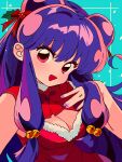  1girl aqua_background blush bow breasts christmas commentary hair_between_eyes hair_ornament highres open_mouth purple_hair ranma_1/2 red_bow sanamaru_(sana79261827) shampoo_(ranma_1/2) simple_background solo 