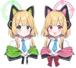  2girls :o animal_ear_headphones animal_ears blue_archive blue_necktie blush cat_ear_headphones fake_animal_ears green_eyes halo headphones highres looking_at_viewer midori_(blue_archive) momoi_(blue_archive) multiple_girls murase48 necktie open_mouth pink_eyes shirt siblings simple_background sisters twins upper_body white_background white_shirt 