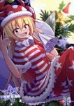  1girl alternate_color aospanking bag bangs black_sky blonde_hair blurry blurry_background blush breasts christmas christmas_tree clownpiece commentary_request dress fairy_wings gift_bag grey_dress grey_pants hair_between_eyes hands_up hat holding holding_bag jester_cap long_hair looking_at_viewer medium_breasts moon multicolored_clothes multicolored_dress multicolored_pants neck_ruff night night_sky open_mouth pants pink_eyes pointy_ears polka_dot red_dress red_headwear red_pants short_sleeves sitting sky smile snowflakes solo star_(sky) star_(symbol) star_print starry_sky striped striped_dress striped_pants tongue touhou transparent_wings v-shaped_eyebrows white_dress wings yellow_moon 
