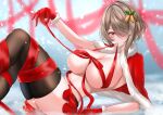  1girl arm_support bell black_thighhighs blurry blurry_background bound breasts brown_hair christmas cleavage cloak commentary_request dot_nose frilled_skirt frills fur_trim gloves hair_over_one_eye highres honkai_(series) honkai_impact_3rd large_breasts legs_together looking_at_viewer lying match_(scp115) mouth_hold on_back red_eyes red_gloves red_ribbon red_skirt revealing_clothes ribbon ribbon_in_mouth rita_rossweisse short_hair skirt snowing solo thighhighs tied_up_(nonsexual) 