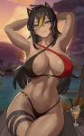  1girl absurdres animal_ears armpits arms_up bangs black_hair blue_eyes blurry blurry_background breasts brown_hair cleavage closed_mouth crossed_bangs dark-skinned_female dark_skin dehya_(genshin_impact) depth_of_field drink earrings genshin_impact gradient_hair hair_between_eyes highres jewelry large_breasts long_hair looking_at_viewer multicolored_hair navel outdoors shikube sitting smile solo stomach sweat thigh_strap thighs very_long_hair 