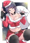  1girl bag bangs belt belt_buckle black_choker black_gloves black_thighhighs blue_eyes blue_hair blunt_bangs blush boku_no_hero_academia boots breasts brown_belt buckle choker christmas cleavage collarbone cropped_jacket dark_blue_hair fingerless_gloves fur-trimmed_boots fur-trimmed_sleeves fur_trim gift_bag gloves hat highres holding holding_bag jacket jirou_kyouka long_sleeves looking_up medium_breasts midriff musical_note nail_polish navel purple_nails red_footwear red_jacket red_shorts santa_costume santa_hat shinonome_mozuku shiny shiny_skin short_hair short_shorts shorts solo squatting stomach thick_thighs thighhighs thighs white_bag 