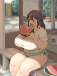  1girl blurry blurry_background breasts brown_hair character_request collarbone commentary_request copyright_request eating feet_out_of_frame food fruit hair_between_eyes hair_ornament hairclip highres holding holding_food huge_breasts incense_burner katou_(katohayabusa) long_hair looking_away midriff navel open_mouth plate red_eyes shadow shirt short_shorts short_sleeves shorts sidelocks sitting solo tareme taut_clothes taut_shirt thick_arms thick_thighs thighs watermelon 