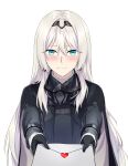  1girl absurdres an-94_(girls&#039;_frontline) bangs black_gloves black_jacket blue_eyes blush girls&#039;_frontline gloves hair_between_eyes highres holding holding_letter jacket letter long_hair long_sleeves looking_at_viewer pov simple_background smile suprii upper_body white_background white_hair 