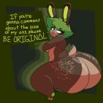  anthro bec_(lobokosmico) big_butt brown_body brown_ears brown_fur brown_tail butt butt_markings chip_at_night english_text female freckles fur green_ears green_eyes green_hair hair hi_res huge_butt huge_hips huge_thighs lagomorph leporid mammal markings pawpads paws rabbit solo tan_body tan_fur tan_tail text thick_thighs 