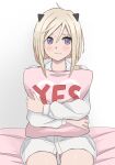  bangs blonde_hair blush commission girls&#039;_frontline hair_between_eyes hair_ornament highres holding looking_away m3_(girls&#039;_frontline) pillow pixiv_commission purple_eyes shirt short_hair simple_background sitting sweater tab_(tabkun) yes-no_pillow 