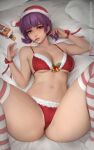  1girl ayane_(doa) bangs bikini bow breasts christmas dead_or_alive food fur-trimmed_bikini fur-trimmed_headwear fur_trim hat large_breasts looking_at_viewer lying meekohopanes mouth_hold navel on_back paid_reward_available pocky purple_hair red_bikini red_bow red_eyes santa_bikini santa_hat short_hair solo spread_legs striped striped_thighhighs swimsuit thighhighs web_address 