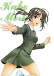  1990s_(style) 1girl absurdres brown_hair character_name cursive green_hair green_skirt highres kai_tomohisa long_hair long_sleeves looking_at_viewer miniskirt morii_kaho non-web_source official_art open_mouth outstretched_arm ponytail retro_artstyle school_uniform sentimental_graffiti simple_background skirt solo teeth upper_teeth_only white_background 