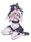  alternate_costume animal_ears anniversary apron arisaki_(cnxy7525) arm_garter bare_shoulders black_bow black_bowtie black_footwear black_hair black_nails black_skirt bow bowtie cat_ears cuffs dress drill_hair enmaided eyes_visible_through_hair hair_ornament hair_over_one_eye handcuffs heart heart_hands highres long_hair looking_at_viewer maid maid_apron maid_headdress mitsurugi_lia red_eyes shirt shoes simple_background sitting skirt sleeveless sleeveless_dress sleeveless_shirt smile sneakers thighhighs twin_drills twintails virtual_youtuber wactor_production white_apron white_background white_shirt white_thighhighs x_hair_ornament yokozuwari 