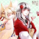  2girls animal_ears bangs black_hair blonde_hair brown_hair ebi_puri_(ebi-ebi) fire_emblem fire_emblem_fates fire_emblem_heroes flower fox_ears fur_trim grey_hair hair_flower hair_ornament japanese_clothes kimono long_hair long_sleeves looking_at_viewer multicolored_hair multiple_girls official_alternate_costume one_eye_closed red_eyes selkie_(fire_emblem) short_hair simple_background smile streaked_hair two-tone_hair upper_body velouria_(fire_emblem) wolf_ears yellow_eyes 