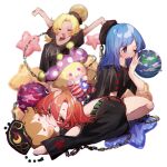  3girls arms_up ayahi_4 black_choker black_headwear black_shirt blonde_hair blue_eyes blue_hair blue_skirt blush chain character_doll choker closed_eyes clothes_writing clownpiece commentary fang fingernails hair_between_eyes hand_up hecatia_lapislazuli hecatia_lapislazuli_(earth) hecatia_lapislazuli_(moon) highres junko_(touhou) long_hair looking_at_viewer multicolored_clothes multicolored_skirt multiple_girls object_hug one_eye_closed open_mouth polos_crown red_eyes red_hair red_skirt shirt short_sleeves skirt stretching touhou yawning 