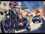  2girls ahoge aircraft animal_ears arm_around_waist black_hoodie blush bone_hair_ornament braid breasts brown_hair car_chase cat_ears cat_girl commentary dog_ears dog_girl dress explosion fang firing full_body ground_vehicle gun hair_ornament handgun helicopter highres holding holding_gun holding_weapon hololive hood hoodie inugami_korone jacket letterboxed light_purple_hair listener_(inugami_korone) long_sleeves looking_back medium_breasts medium_hair motion_blur motor_vehicle motorcycle multiple_girls nekomata_okayu off_shoulder onigirya_(nekomata_okayu) open_clothes open_jacket open_mouth pants purple_eyes red_eyes red_socks riding shoes short_hair sleeveless sleeveless_dress smile socks susukawa_(susucawa) translated twin_braids v-shaped_eyebrows virtual_youtuber weapon white_dress white_footwear white_pants wristband yellow_jacket 