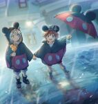  2boys blue_eyes blush boots brown_hair child green_eyes happy hat holding holding_hands holding_umbrella hood hood_up kingdom_hearts looking_at_another looking_at_viewer male_child mickey_mouse mickey_mouse_ears multiple_boys puddle rain raincoat riku_(kingdom_hearts) short_hair shorts smile sora_(kingdom_hearts) spiked_hair sunglasses umbrella yurichi_(artist) 