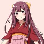  1girl artist_name blush brown_background closed_mouth hair_ribbon hakama japanese_clothes kamikaze_(kancolle) kantai_collection kimono long_hair meiji_schoolgirl_uniform moti_coi one-hour_drawing_challenge pink_hakama purple_eyes purple_hair red_kimono ribbon signature simple_background smile solo upper_body yellow_ribbon 