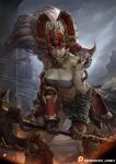  abs axe belt bracer breasts chain_axe chaos_(warhammer) chaos_space_marine cleavage fake_horns fang gloves green_eyes helmet highres horned_headwear horned_helmet horns khorne loincloth long_hair muscular muscular_female sarashi sgt_lonely skin-covered_horns teeth warhammer_40k white_hair 