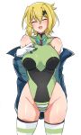  1girl absurdres akatsuki_kirika blonde_hair breasts covered_navel green_eyes green_leotard hair_ornament highleg highleg_leotard highres leotard lolomion medium_breasts senki_zesshou_symphogear shiny shiny_hair shiny_skin short_hair simple_background solo standing striped striped_thighhighs thighhighs white_background x_hair_ornament 