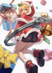  1boy absurdres aqua_eyes bangs bell bike_shorts black_shorts blonde_hair blurry blurry_background blurry_foreground box bridget_(guilty_gear) capelet chain christmas cross crotch dot_nose dress floating from_behind gift gift_box guilty_gear guilty_gear_strive hakusyokuto heart-shaped_box highres long_sleeves looking_at_viewer open_mouth orange_ribbon otoko_no_ko red_capelet red_dress red_headwear ribbon short_dress shorts sidelocks solo surprised teeth testicles upper_teeth_only upskirt 