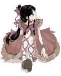 1girl ace_attorney alternate_costume bangs black_hair blunt_bangs bow dress frills full_body hair_ornament highres long_hair looking_up maya_fey omen_hohoho parted_bangs purple_bow red_dress shoes sidelocks simple_background sitting solo white_background wrist_cuffs 