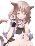  1girl :d ;d absurdres animal_ears animal_on_lap avatar_(ff14) black_gloves brown_hair cat cat_ears cat_girl cat_on_lap cat_tail chain_necklace final_fantasy final_fantasy_xiv gloves highres jewelry looking_at_viewer medium_hair miqo&#039;te multicolored_hair multiple_rings necklace off_shoulder on_lap one_eye_closed open_mouth pendant pink_eyes pink_hair ring short_sleeves smile streaked_hair tail v yana_mori 