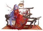  1girl arm_support barefoot bili_girl_22 bilibili blue_hair bonsai breasts bride capelet carpet chinese_clothes chinese_knot cleavage dress feet_on_chair flower full_body hair_flower hair_ornament hand_on_own_arm highres lantern lightning_ahoge long_dress long_hair long_sleeves looking_at_viewer messikid official_art plum_blossoms red_capelet red_dress red_eyes sitting smile solo very_long_hair weibo_logo weibo_username white_background wide_sleeves wooden_chair yokozuwari 