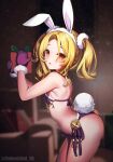  1girl animal_ears armpits arms_up ass bikini black_bikini blonde_hair breasts christina_(princess_connect!) fake_animal_ears fake_tail from_side gift gloves highres leaning_forward long_hair looking_at_viewer princess_connect! purple_gloves rabbit_ears rabbit_tail side-tie_bikini_bottom small_breasts solo swimsuit tail thighs twintails unidentified_nk yellow_eyes 