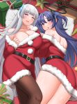  2girls absurdres alternate_costume bare_legs belt black_belt blue_archive blue_eyes blue_hair blush box breasts brown_pantyhose christmas cleavage commentary_request gift gift_box grey_hair halo highres large_breasts long_hair looking_at_viewer mechanical_halo multiple_girls nekojima noa_(blue_archive) open_mouth pantyhose santa_costume smile thighs two_side_up yuuka_(blue_archive) 