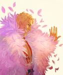  1boy blonde_hair coat donquixote_doflamingo feather_coat feathers grin kauulii looking_down male_focus multicolored_clothes one_piece open_clothes open_shirt outstretched_arm pink_coat short_hair simple_background smile solo_focus sunlight teeth upper_body 
