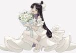  1girl ace_attorney bangs black_hair blunt_bangs bouquet dress flower full_body grey_background hair_ornament highres holding holding_bouquet long_hair looking_at_viewer maya_fey omen_hohoho open_mouth parted_bangs sidelocks simple_background sitting smile solo thighhighs white_dress white_flower white_thighhighs 