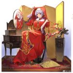  1girl bili_girl_33 bilibili bonsai bride carpet chinese_clothes dress flats flower flower_pot folding_screen hands_up highres holding_veil long_dress long_sleeves looking_at_viewer messikid mirror official_art on_stool plum_blossoms red_dress red_eyes red_footwear red_veil reflection short_hair sitting solo stool table tassel vanity_table veil weibo_logo weibo_username white_background white_hair wide_sleeves wooden_chair 