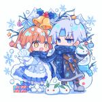  1boy 1girl arle_nadja bell blue_hair blush carbuncle_(puyopuyo) christmas_present christmas_tree futaba969649 gift highres holding looking_at_another orange_hair puyopuyo scarf schezo_wegey snow snowflakes snowman white_hair yellow_eyes 