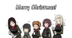  5girls alina_(girls_und_panzer) bangs black_gloves black_hair black_headwear black_vest blonde_hair brown_headwear canteen christmas clara_(girls_und_panzer) closed_eyes closed_mouth commentary cup english_commentary english_text fur_hat girls_und_panzer gloves green_jacket green_jumpsuit guropara hat heart holding holding_canteen holding_cup holding_thermos jacket jumpsuit katyusha_(girls_und_panzer) long_hair long_sleeves low_twintails merry_christmas military military_uniform mixed-language_commentary multiple_girls nina_(girls_und_panzer) nonna_(girls_und_panzer) open_mouth pouring pravda_military_uniform red_shirt shirt short_hair short_twintails simple_background smile standing swept_bangs tank_helmet turtleneck twintails uniform ushanka vest white_background 