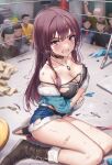  1girl 6+boys absurdres bandaged_hand bandages bandaid bangs bare_shoulders blush breasts cigarette cleavage cleric commentary_request dirty dirty_face glaring hair_ornament hairclip highres injury katie_(waifu_fighter) long_hair multiple_boys original purple_eyes purple_hair shorts sitting solo_focus tears torn_clothes waifu_fighter wariza wet.elephant wrestling_ring 