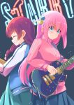  2girls ^_^ back-to-back bangs blue_eyes blue_skirt bocchi_the_rock! braid breasts closed_eyes closed_mouth cube_hair_ornament electric_guitar gotou_hitori grin guitar guraasan hair_between_eyes hair_ornament highres hiroi_kikuri holding holding_instrument instrument jacket long_hair long_sleeves medium_breasts multiple_girls neon_lights one_side_up pink_hair pink_jacket pleated_skirt profile puffy_long_sleeves puffy_sleeves red_hair single_braid skirt smile track_jacket v-shaped_eyebrows very_long_hair 