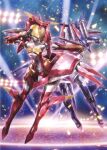  back-to-back dancing fairlion flying green_eyes highres idol mecha morishita_naochika non-web_source official_art open_hands robot scan skirt spotlight star_(sky) super_robot_wars super_robot_wars_original_generation 