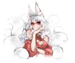  1girl absurdres animal_ear_fluff animal_ears arm_under_breasts bangs breasts bright_pupils buttonheart cleavage cleavage_cutout clothing_cutout cropped_sweater english_commentary fox_ears fox_girl fox_tail grey_hair highres long_hair medium_breasts midriff multiple_tails navel nijisanji nijisanji_en nina_kosaka red_eyes red_sweater short_eyebrows shoulder_cutout smile solo sweater tail virtual_youtuber white_pupils 