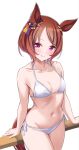  1girl alternate_costume animal_ears blush breasts brown_hair cleavage collarbone herohero_(higashi_no_dou) highres horse_ears horse_girl horse_tail looking_at_viewer navel pink_eyes sakura_laurel_(umamusume) short_hair simple_background small_breasts smile solo swimsuit tail umamusume white_background 