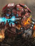  arm_cannon assault_visor battletech broken_glass charger_(battletech) clenched_hand commission eldoniousrex english_commentary fighting fire firing glass highres leaning_forward looking_down mecha mecha_request no_humans punching robot science_fiction weapon 