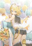  1girl arms_up ass back balloon bangs belt blonde_hair blue_eyes blush boots bouquet bow chair closed_mouth confetti detached_sleeves duplicate eyelashes fingernails flower from_behind grey_flower grey_footwear grey_rose grey_shirt grey_shorts hair_between_eyes hairband hands_up headphones highres kagamine_rin kitada_mo leaf long_fingernails long_sleeves looking_back nail_polish necktie orange_bow orange_flower pixel-perfect_duplicate pocket ribbon rose seiza shadow shirt short_hair short_shorts shorts sitting smile solo star_(symbol) star_balloon triangle vocaloid white_hairband white_ribbon wide_sleeves yellow_belt yellow_flower yellow_nails yellow_necktie 