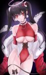  1girl bare_shoulders black_hair blush breasts ear_piercing earrings eyeliner fur_trim garter_belt garter_straps halo highres jewelry leotard looking_at_viewer makeup off_shoulder ompf original parted_lips piercing red_eyes solo thighhighs twintails underboob white_thighhighs wings 